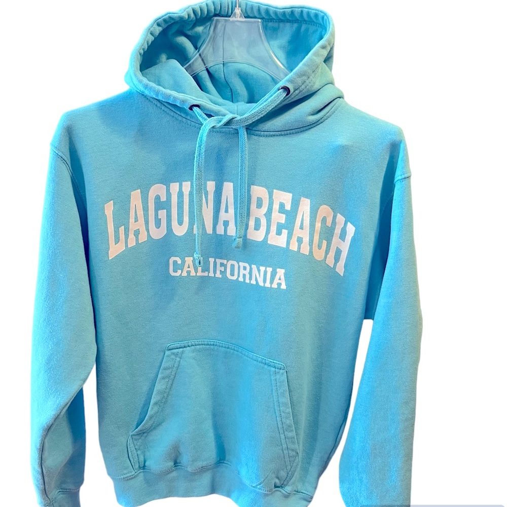 Aqua Blue Hoodie with Laguna Beach California in White Lettering.  Size = Small.